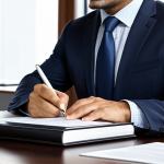 A professional individual, appearing to be in their late 30s, seated at a polished wooden desk in a well-lit, contemporary office. They are intently reviewing a detailed legal contract displayed on a sleek tablet, with several legal textbooks neatly stacked beside them. The person is fully clothed in a modest, dark professional suit with a light-colored shirt, representing appropriate attire for a serious business setting. Their expression is thoughtful and focused, emphasizing the careful consideration of legal documents during a career transition. perfect anatomy, correct proportions, natural pose, well-formed hands, proper finger count, natural body proportions, safe for work, appropriate content, family-friendly, professional photography, high quality, sharp focus.