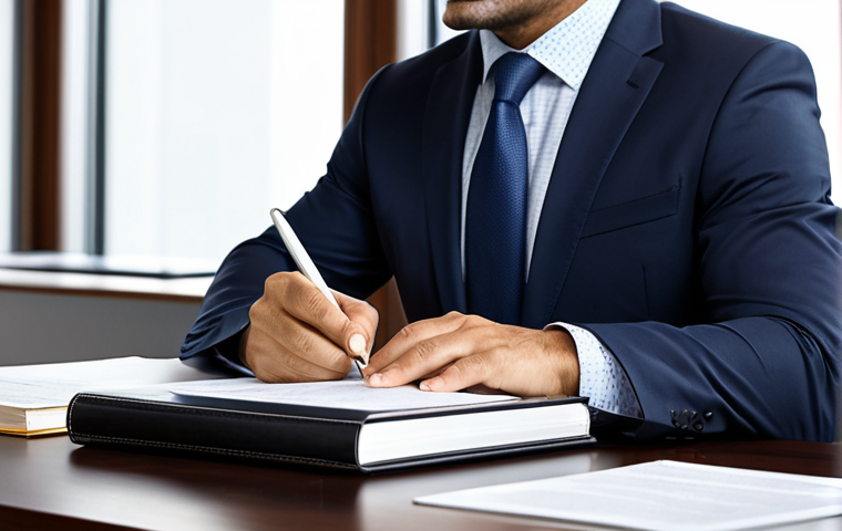 A professional individual, appearing to be in their late 30s, seated at a polished wooden desk in a well-lit, contemporary office. They are intently reviewing a detailed legal contract displayed on a sleek tablet, with several legal textbooks neatly stacked beside them. The person is fully clothed in a modest, dark professional suit with a light-colored shirt, representing appropriate attire for a serious business setting. Their expression is thoughtful and focused, emphasizing the careful consideration of legal documents during a career transition. perfect anatomy, correct proportions, natural pose, well-formed hands, proper finger count, natural body proportions, safe for work, appropriate content, family-friendly, professional photography, high quality, sharp focus.