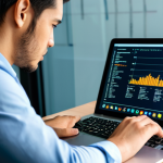 A professional individual, fully clothed in a modest business casual outfit, intently focused on a laptop screen displaying complex data visualizations and programming code within a brightly lit, modern co-working space. A tablet and an open notebook are neatly placed on the sleek desk beside them. The individual's expression conveys deep concentration and an analytical mindset, embodying digital literacy and a commitment to continuous learning. The scene highlights an environment of adaptability and innovation. Professional photography, high resolution, soft ambient lighting. safe for work, appropriate content, fully clothed, professional, perfect anatomy, correct proportions, natural pose, well-formed hands, proper finger count, natural body proportions.